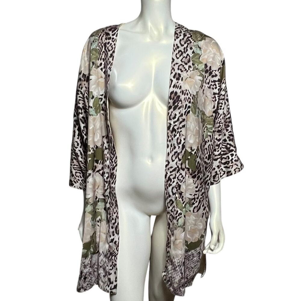 Leopard Print Floral Kimono Cardigan Cover Up Open Front Boho Beach Wrap Medium